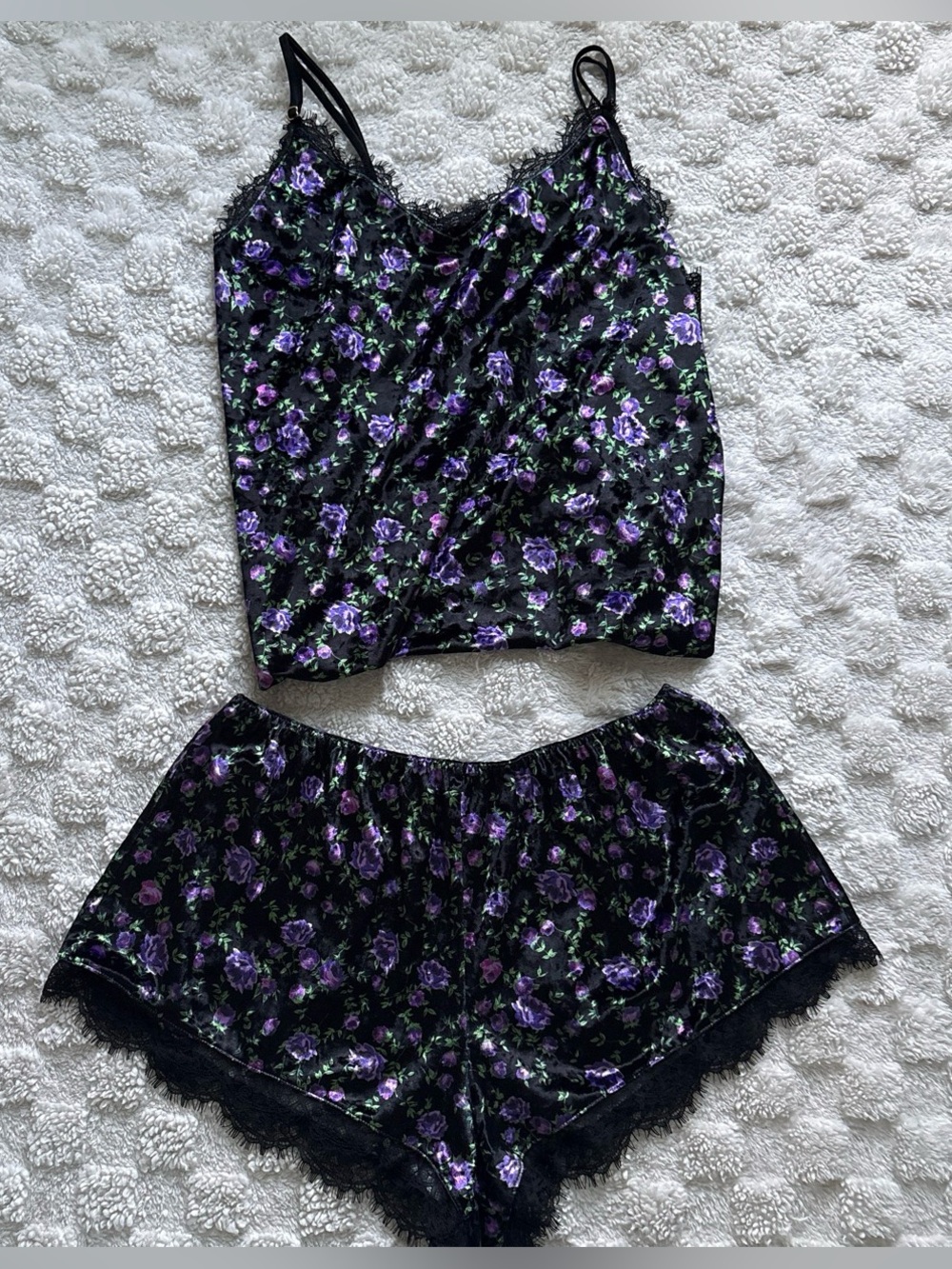Victoria's Secret Black Velvet Floral Cami & Shorts Pajama Set